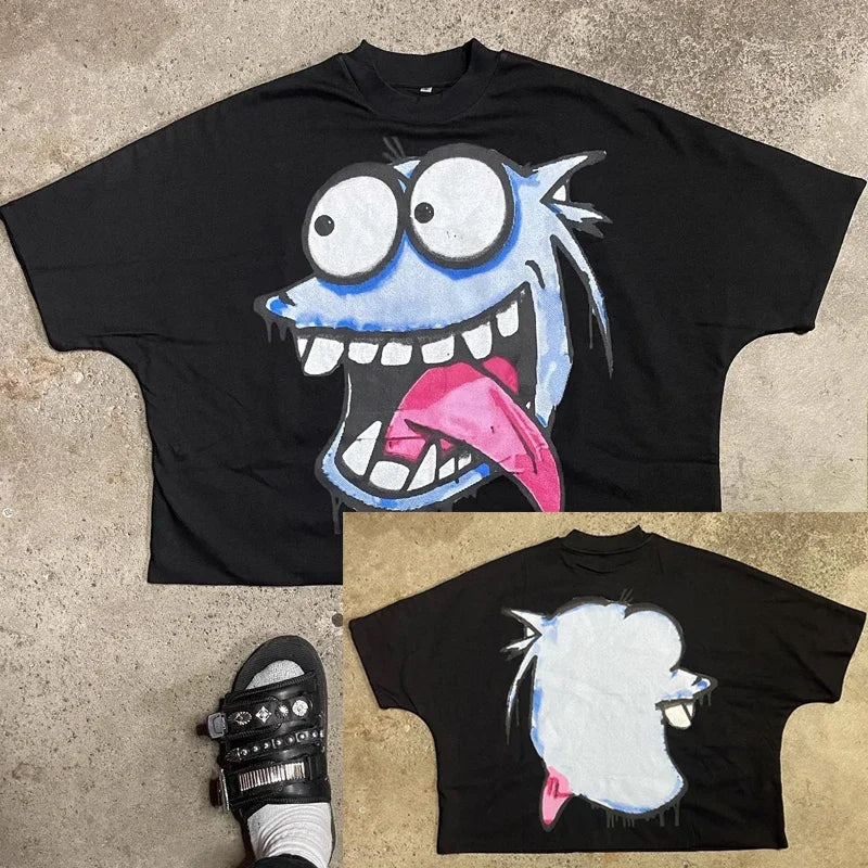 Trendy Brand Fashion Letters Cartoon Print Oversized Short-sleeved Men Y2k Harajuku Hip-hop Retro Loose Casual T-shirts Women