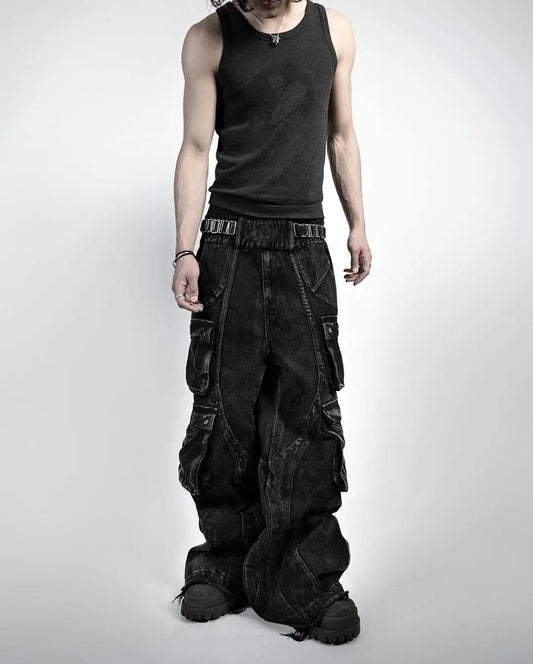 2024 New Gothic Retro Jeans for Men Wide Leg Straight Black Y2k Baggy Jeans  Hip Hop High Waist Denim Pants Streetwear