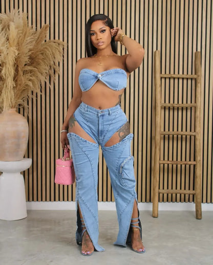 Hollow Out Jeans Pants Outfit Set Sexy Women Elegant Two Pieces Denim Club Matching Set Top+Trousers