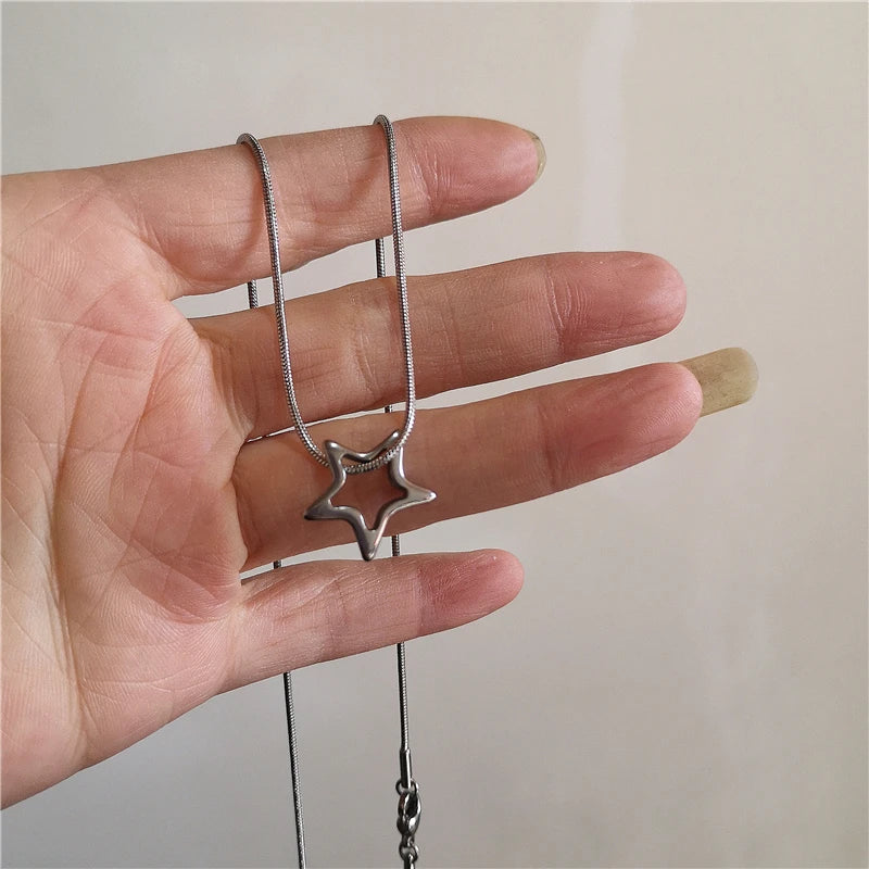 Kpop Vintage Punk Silver Color Star Pendant Bead Necklace for Men Women Street Hip Hop Aesthetic Grunge Jewelry Y2K Accessories
