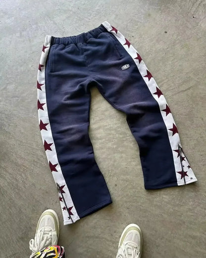 High Street Hip Hop Flared Sweatpants Striped Side Zipper Design Elastic Waist Wide-Leg American Retro Trend pants