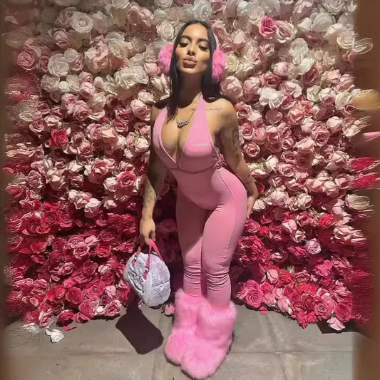 Summer Hot Sale Of The Season Sexy Deep V-Neck Hanging Neck Folded Back Slim One-Piece Pants for Women New Arrival Tight Fit Bod