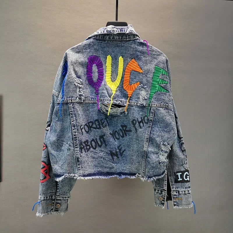 Women Diamonds Beaded Letters Graffiti Denim Coat Holes Rivets Tassels Jeans Bomber Jacket Casual Eyelet Cowboy Cardigan Jaqueta