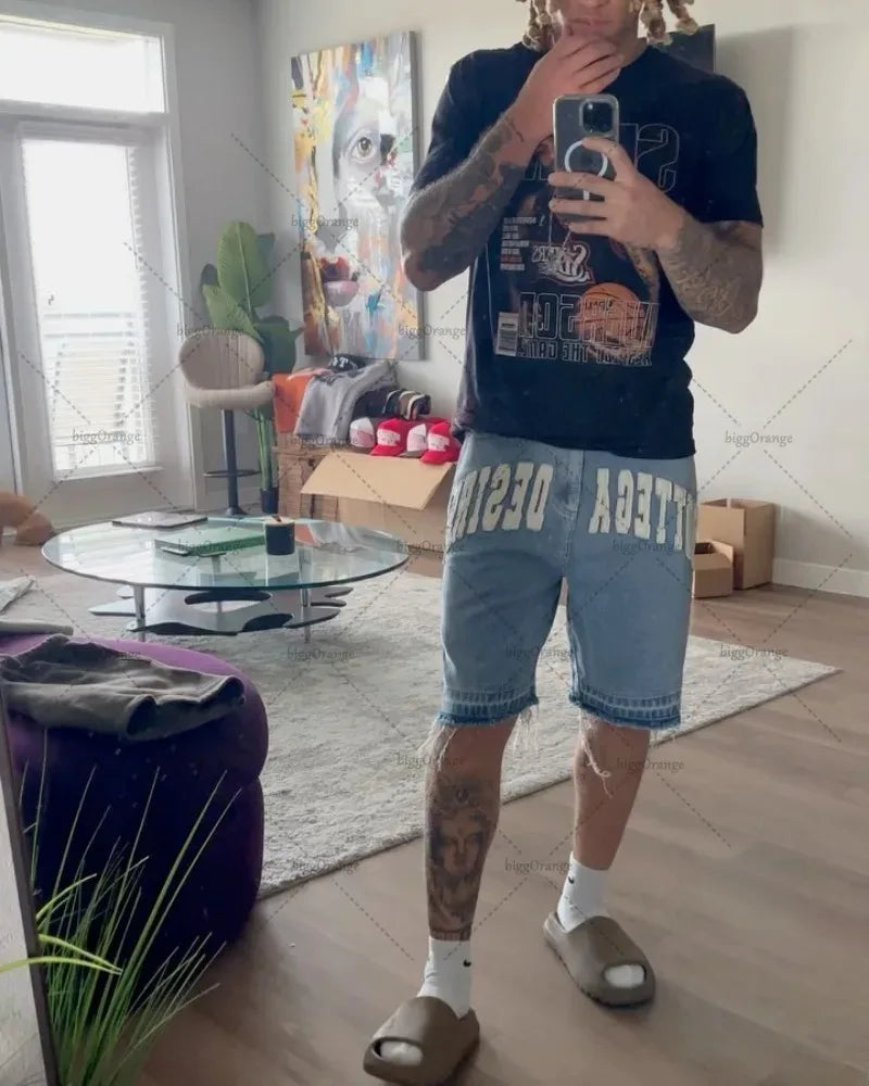 American Street  Retro Denim Shorts with Letter Embroidery Oversized Jeans Men  Loose Casual Versatile Shorts