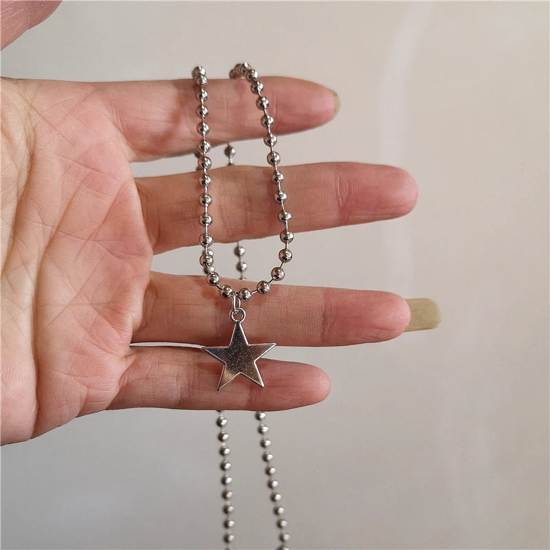 Kpop Vintage Punk Silver Color Star Pendant Bead Necklace for Men Women Street Hip Hop Aesthetic Grunge Jewelry Y2K Accessories