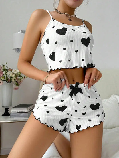 Hot Selling Womens Pajamas Set Sleepwear 2PCS Short Tank Tops And Shorts White Ventilate Soft Casual Red Love Printing Sleepwear