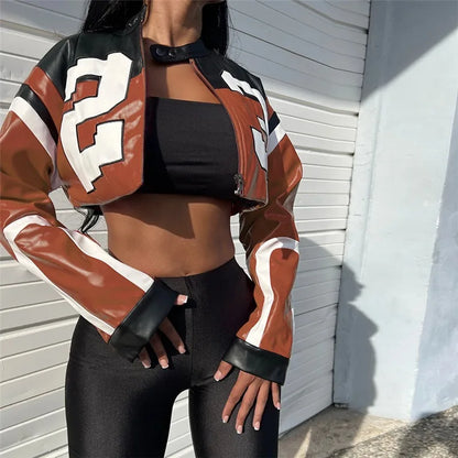 Women Faux Leather Streetwear Fashion New Jacket Letter Print Autumn Casual Sporty Wild Streetwear Uniform Trend Lady Crop Coat