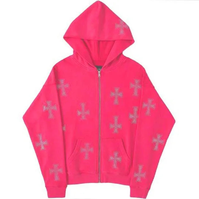 European and American loose top cross hot diamond hoodie women's high street  retro hip hop zipper Y2K hooded sweatshirt