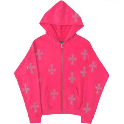 European and American loose top cross hot diamond hoodie women's high street  retro hip hop zipper Y2K hooded sweatshirt
