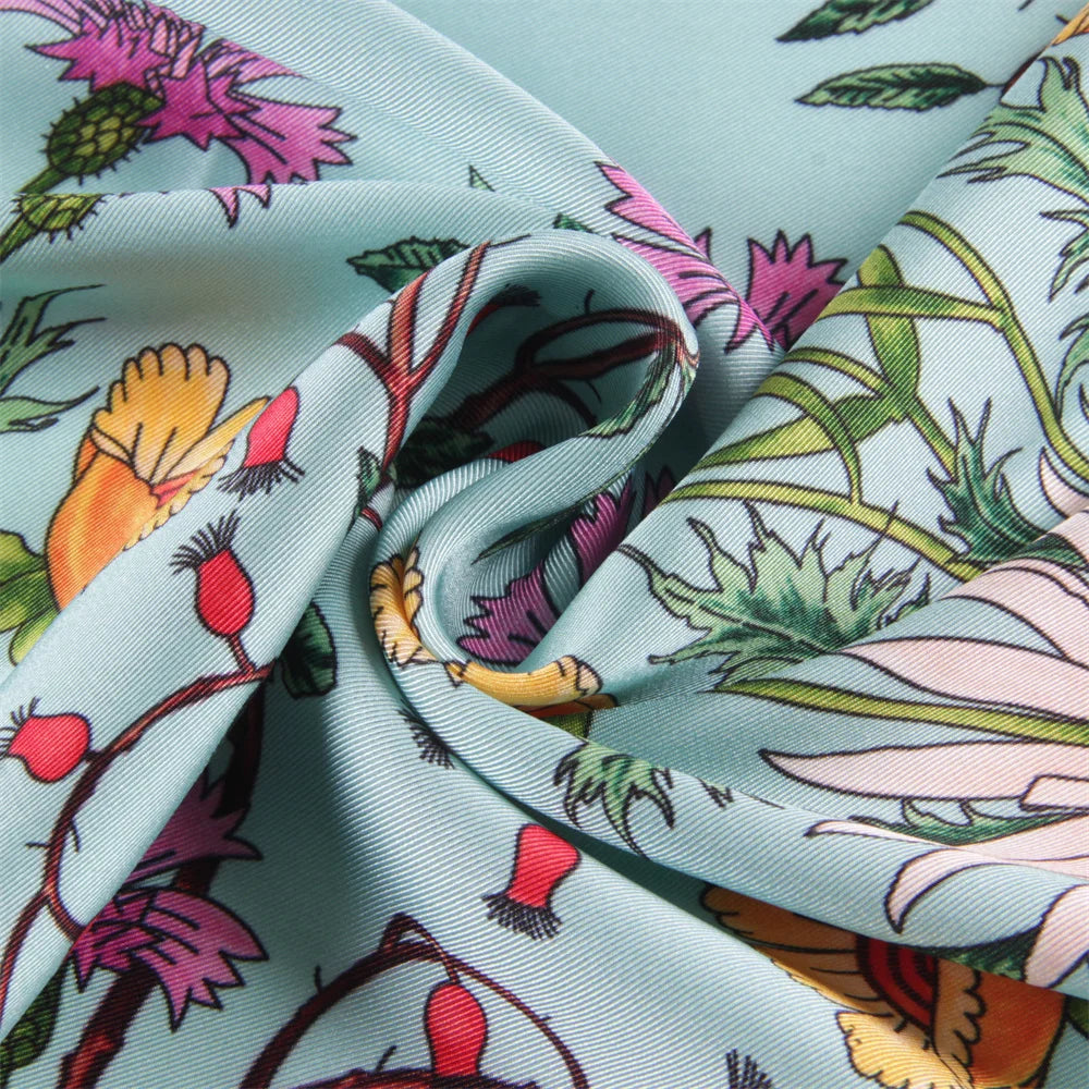 Silk Scarf Women Floral Printed Square Scarves Head Echarpes Silk Foulards Femme Wraps Beach Shawls Bandana Lady Hijabs 90CM