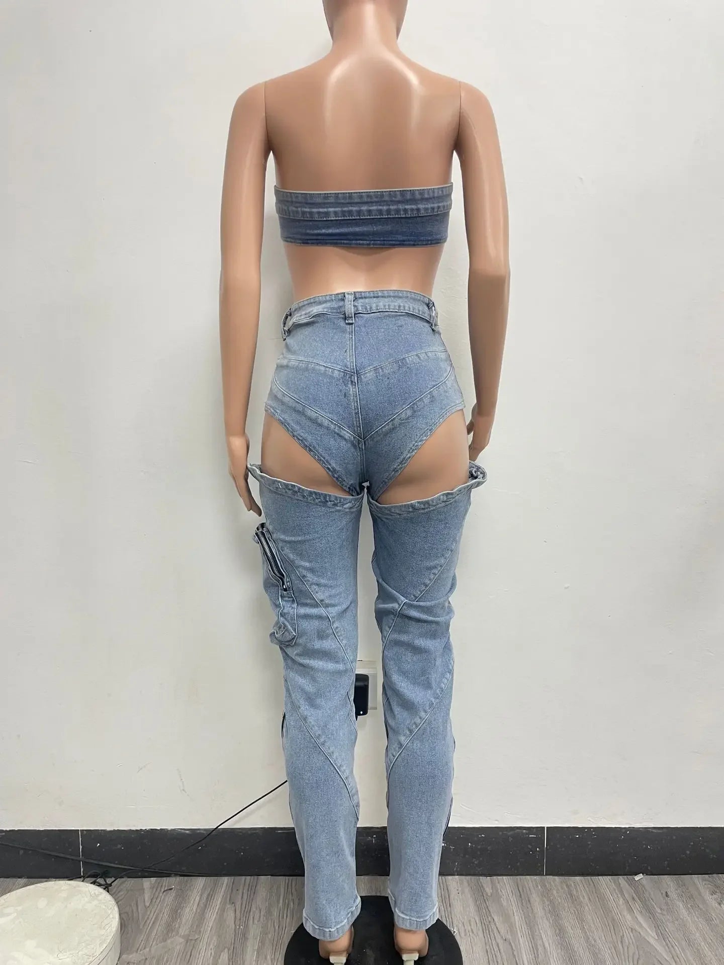 Hollow Out Jeans Pants Outfit Set Sexy Women Elegant Two Pieces Denim Club Matching Set Top+Trousers