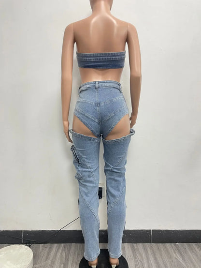 Hollow Out Jeans Pants Outfit Set Sexy Women Elegant Two Pieces Denim Club Matching Set Top+Trousers