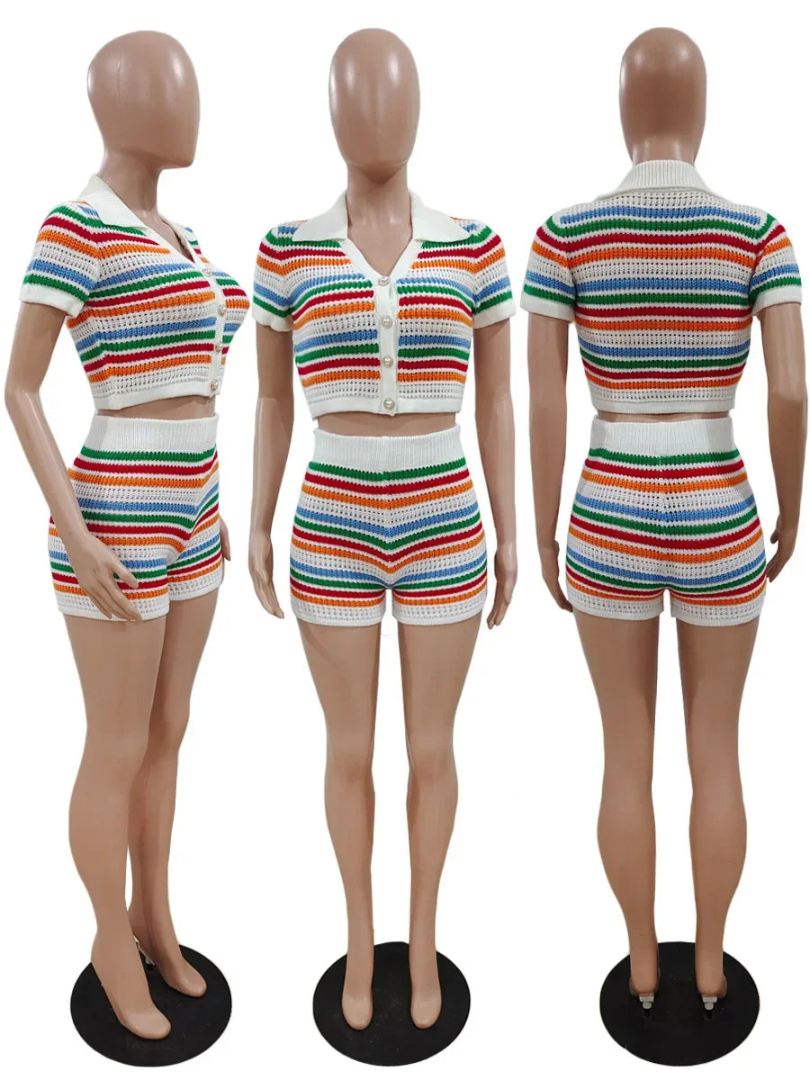 Sweater Sets for Women 2 Piece Button Up Short Sleeves Crop Top Shorts Suit Sweatshirt Casual Kintted Two Piece Sets
