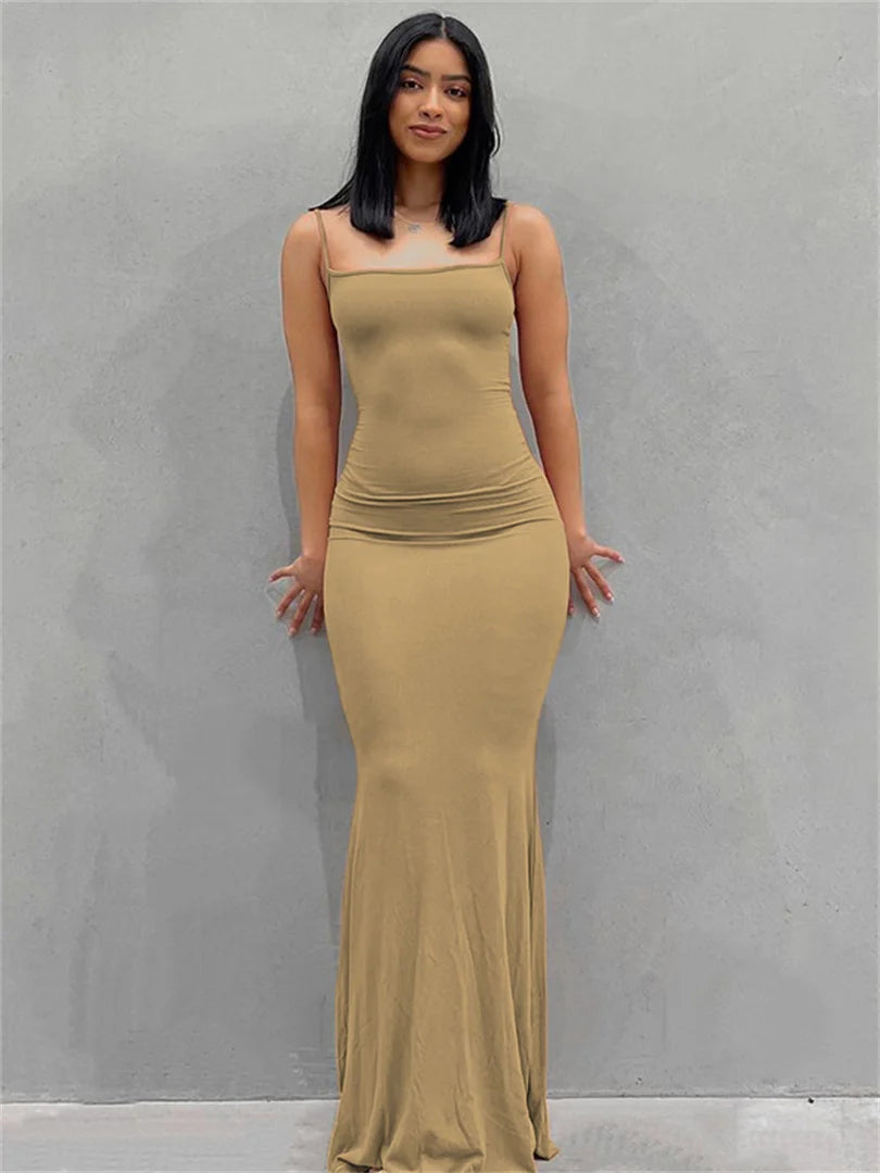 wsevypo Spaghetti Strap Bodycon Long Dress Summer 2022 Women Sleeveless Wrapped Fish Tail Dress Solid Color Club Streetwear