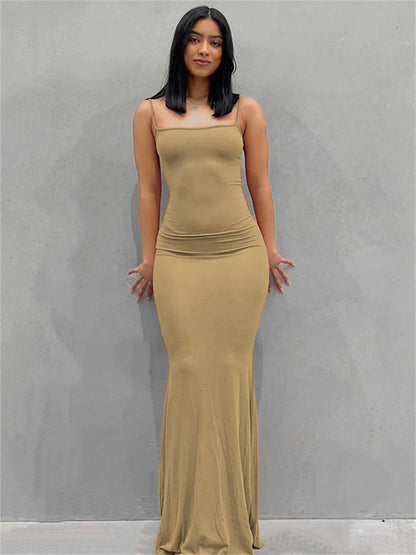 wsevypo Spaghetti Strap Bodycon Long Dress Summer 2022 Women Sleeveless Wrapped Fish Tail Dress Solid Color Club Streetwear