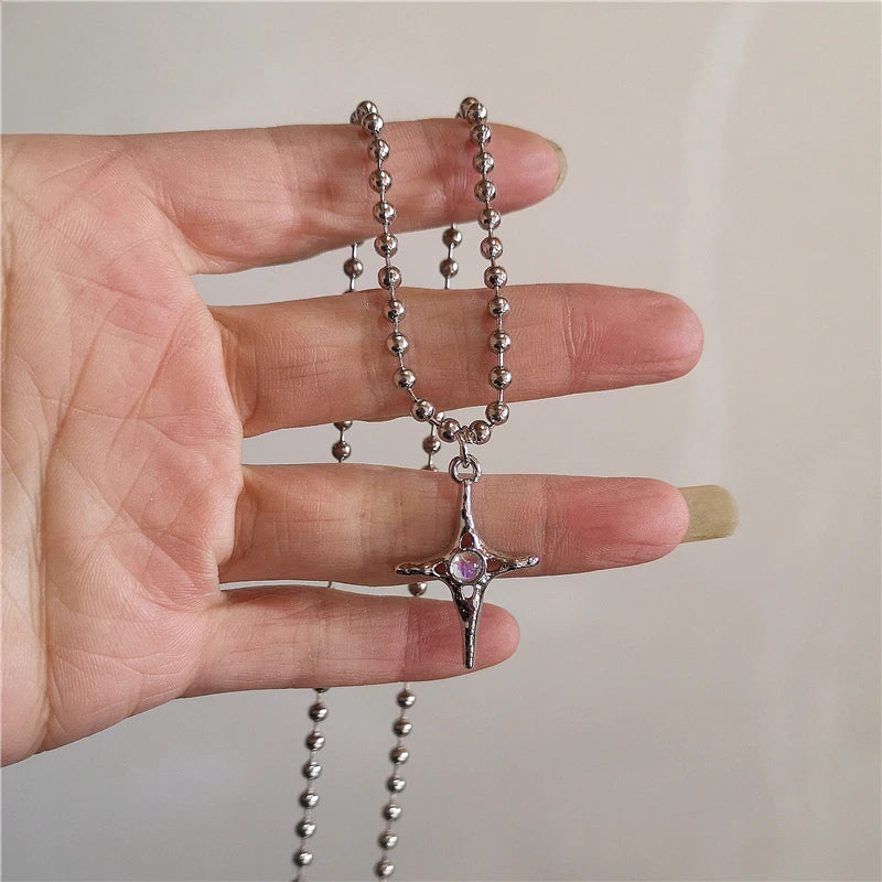 Kpop Vintage Punk Silver Color Star Pendant Bead Necklace for Men Women Street Hip Hop Aesthetic Grunge Jewelry Y2K Accessories