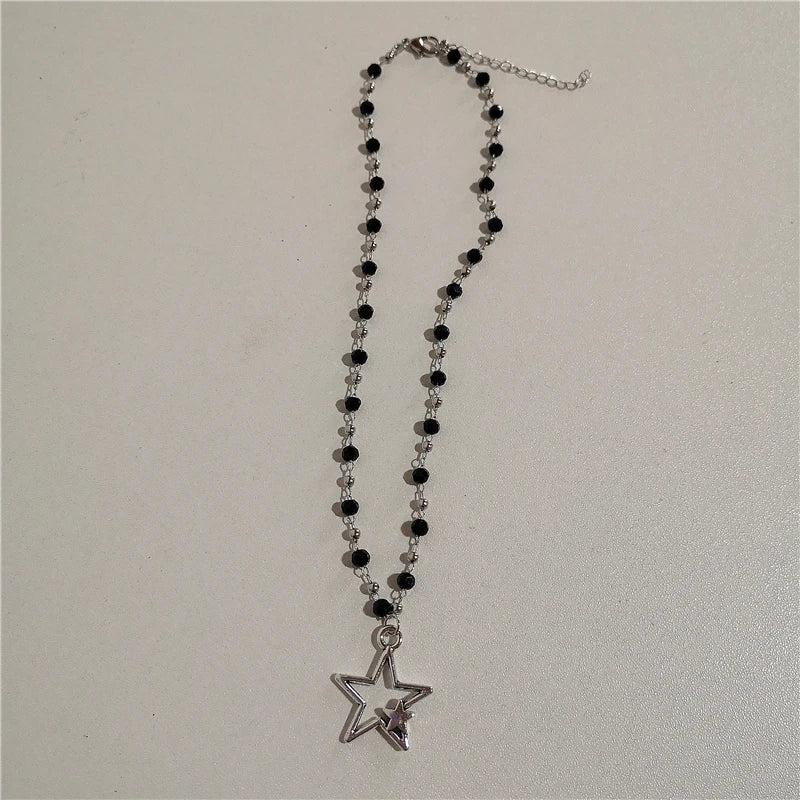 Kpop Vintage Punk Silver Color Star Pendant Bead Necklace for Men Women Street Hip Hop Aesthetic Grunge Jewelry Y2K Accessories
