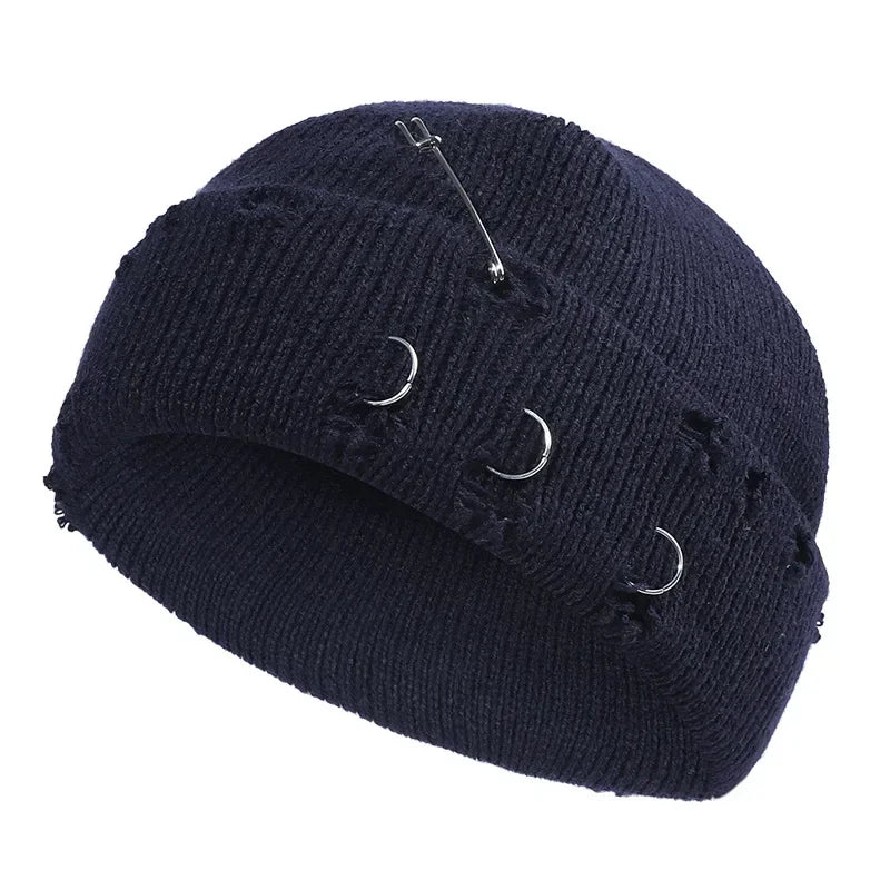 9 Colors Fashionable Ladies Winter Warm Knitted Caps 3 Metal Ring Buckled Hat Cool Pure Hip Hop Hats for Women