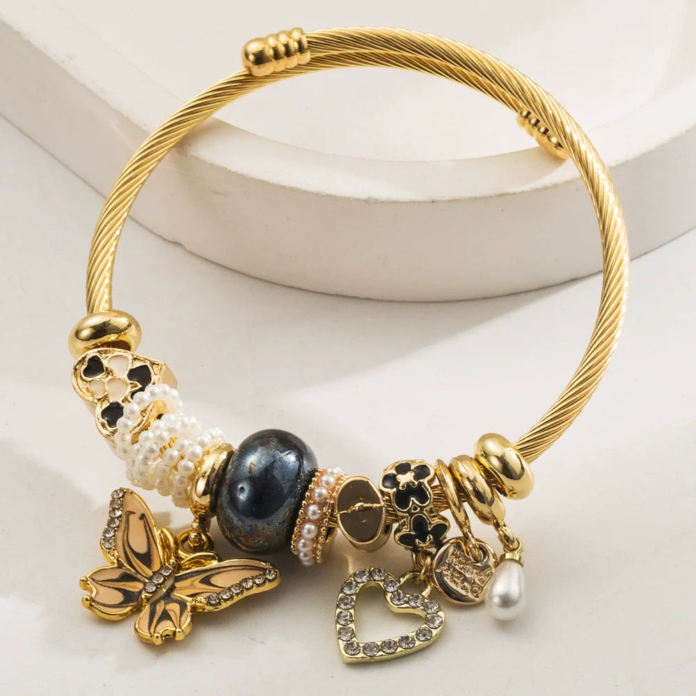 Stainless Steel Mixed Beads Butterfly Adjustable Bracelet with Crystals Letter Tag for Women DIY Jewelry