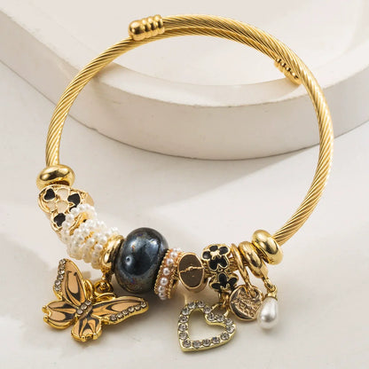 Stainless Steel Mixed Beads Butterfly Adjustable Bracelet with Crystals Letter Tag for Women DIY Jewelry