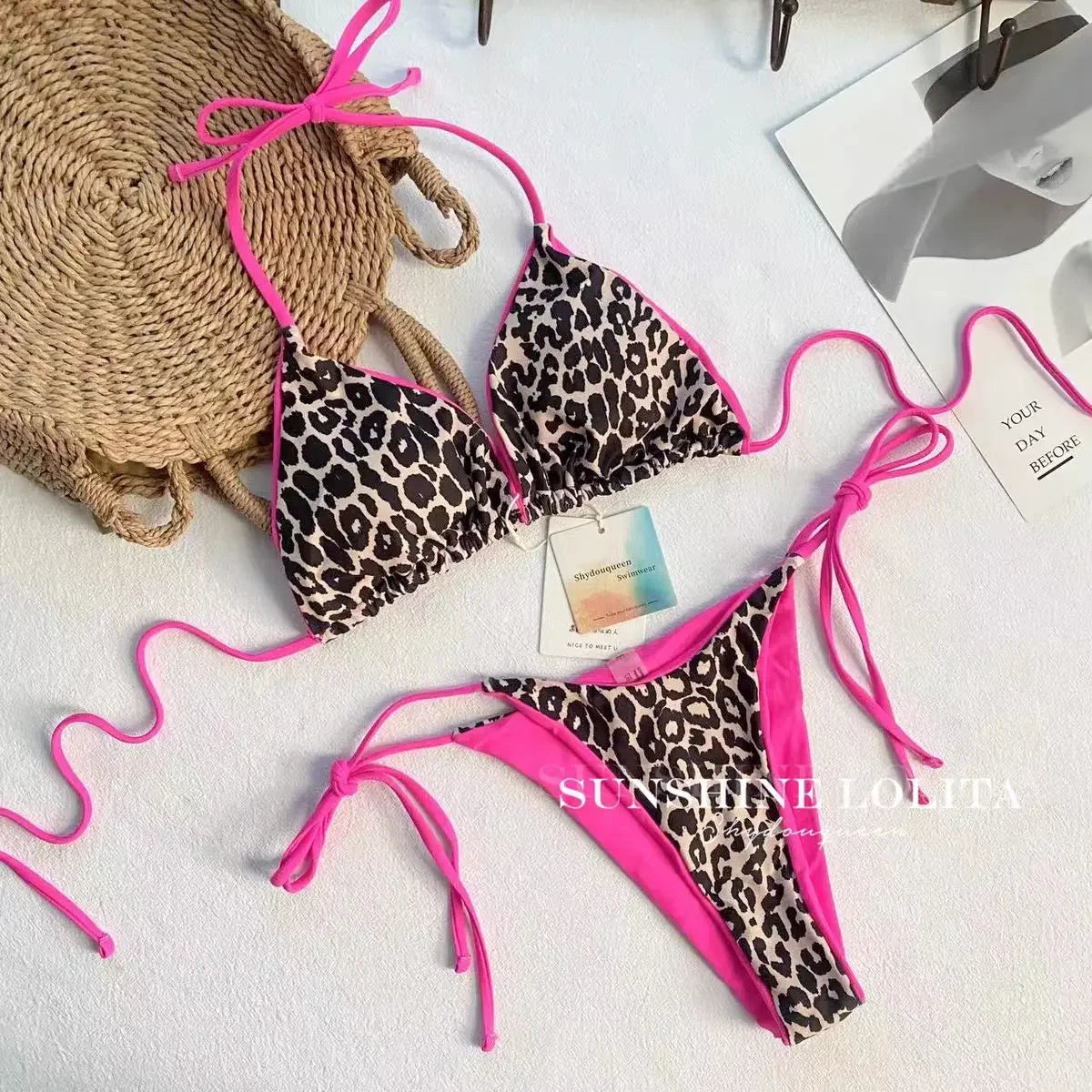 Sexy Leopard Print Bikini Swimsuit Women's Three-Point Rope Backless Gourd Island Swimwear Pure Tight Separate Swimsuit