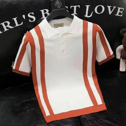 Summer New Men's Knitting polos Shirt Men Turn-down Collar Button Fashion Color Stripe Tops Knit Casual Short Sleeve T-shirts