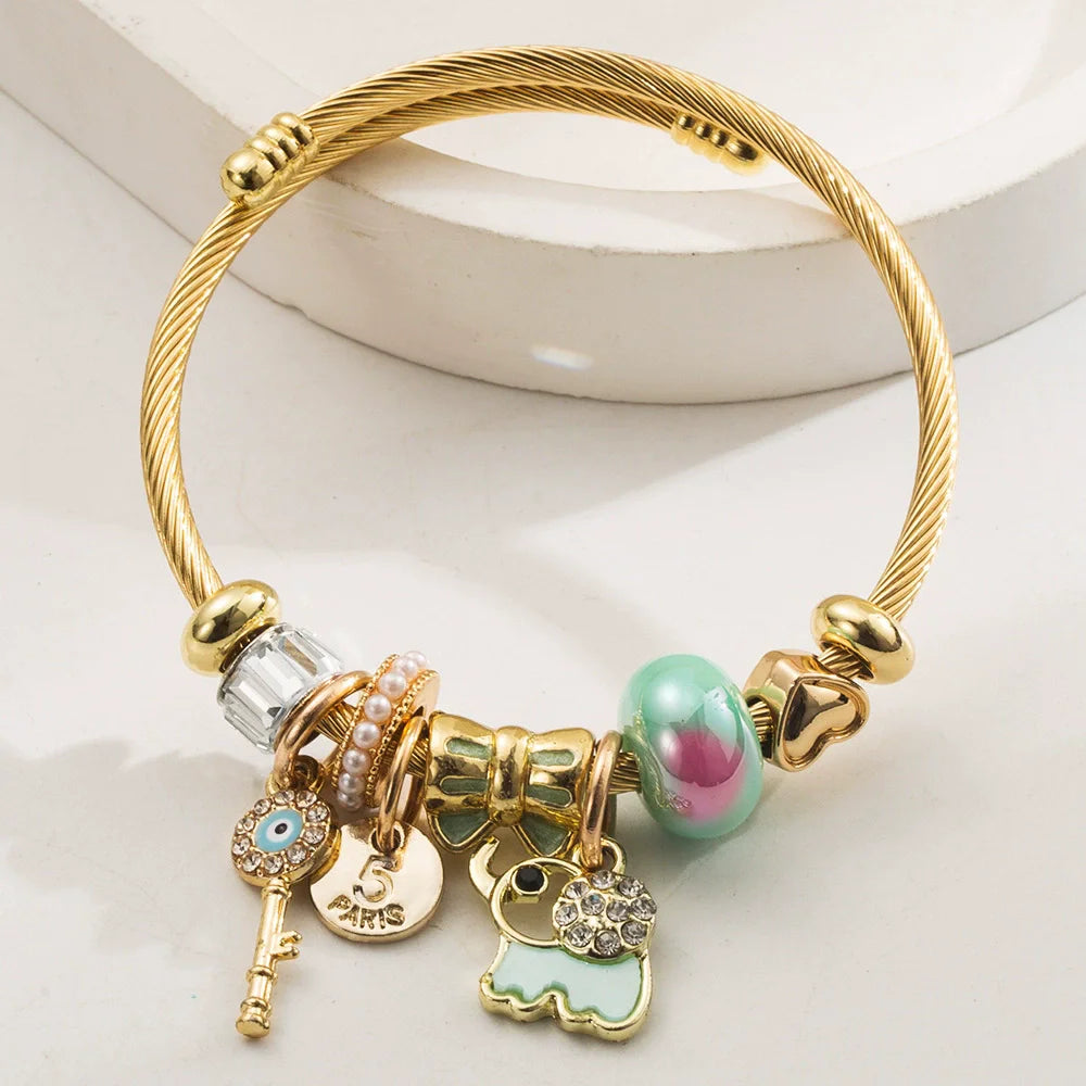 Stainless Steel Mixed Beads Butterfly Adjustable Bracelet with Crystals Letter Tag for Women DIY Jewelry