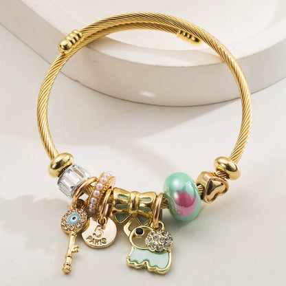Stainless Steel Mixed Beads Butterfly Adjustable Bracelet with Crystals Letter Tag for Women DIY Jewelry