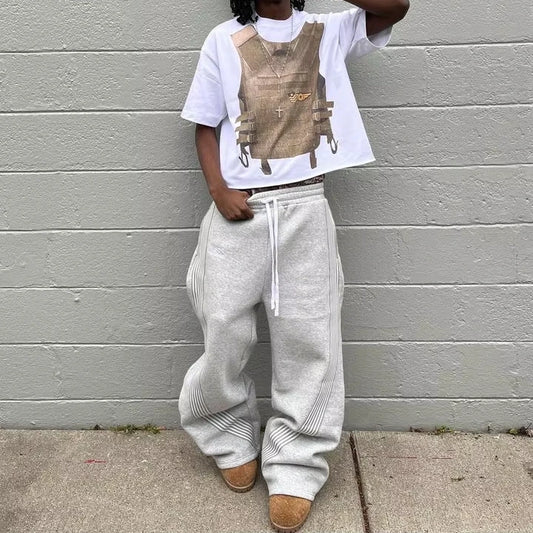 Hip Hop Letter Striped Embroidery Drawstring Sweatpants Y2K Pants Mens Womens Retro Gray Baggy Sweatpants Trousers