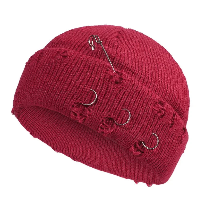 9 Colors Fashionable Ladies Winter Warm Knitted Caps 3 Metal Ring Buckled Hat Cool Pure Hip Hop Hats for Women