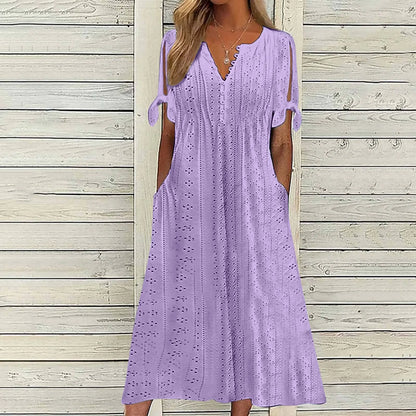 Dresses for Elegant Ladies White Party Dresses Hollow Out Bow Short Sleeve Lace Waist Pocket Wedding Mother Dress Vestidos Mujer