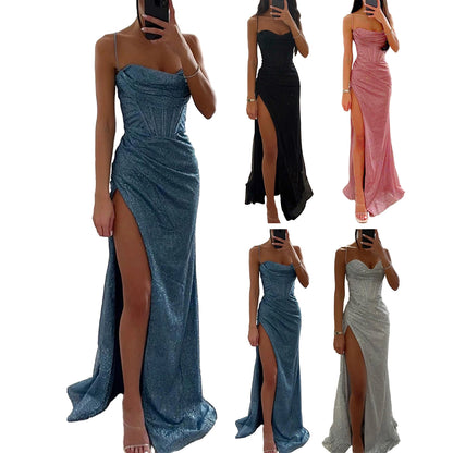 Off-shoulder Gown Dress Elegant Sequin V-neck Maxi Dress for Evening Party Prom Off Shoulder Slim Sexy Split Long Dress
