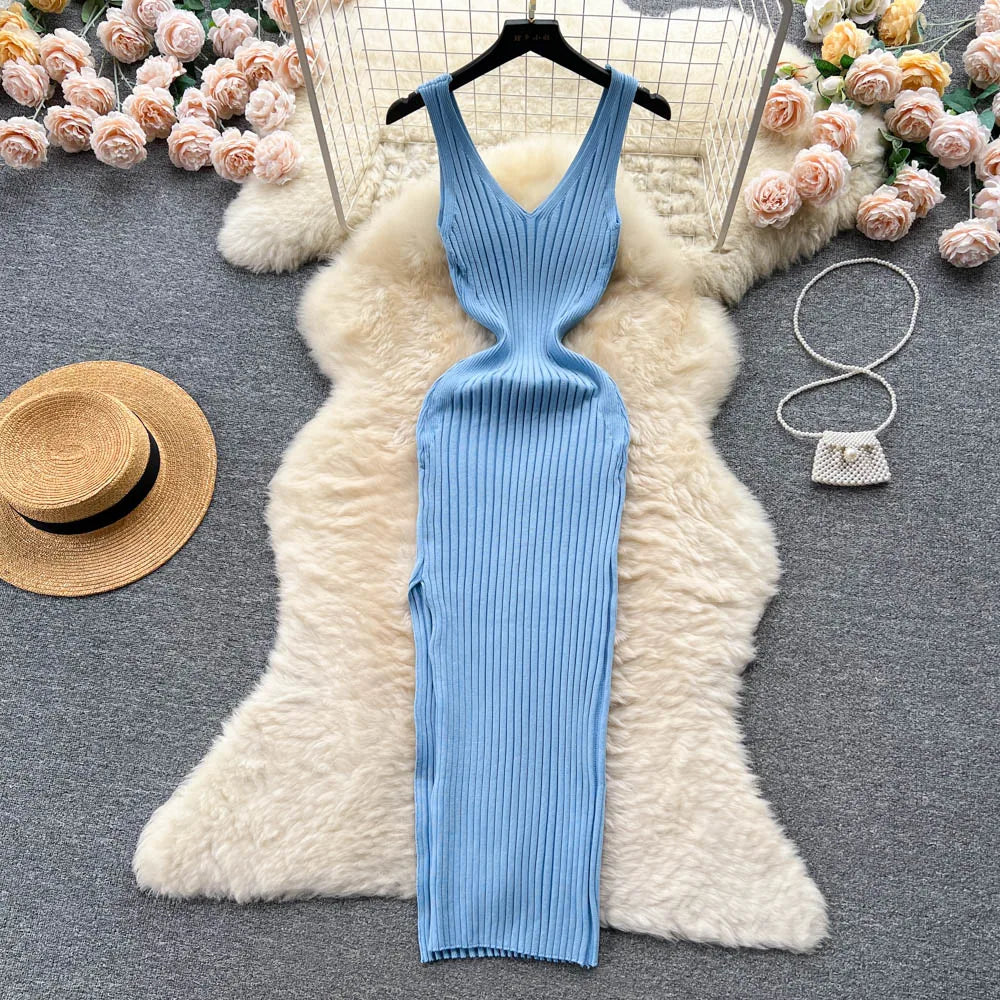 Sexy Wrap Hips Split Knitted Autumn Dress Women Slim Elastic Bodycon Long Dress Streetwear Outfits Vestido