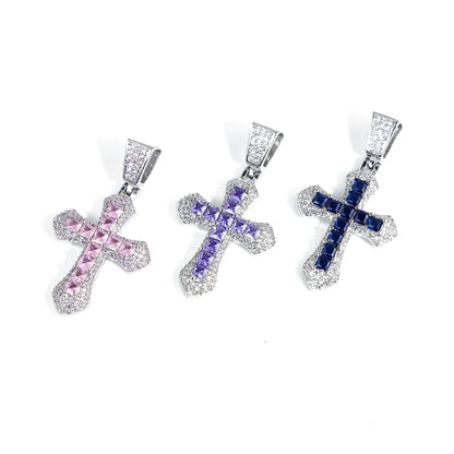 New Iced Out Bling Cross Pendant Necklace Silver Color Rectangle CZ Cubic Zirconia Blue Pink Charm Hip Hop Men Jewelry