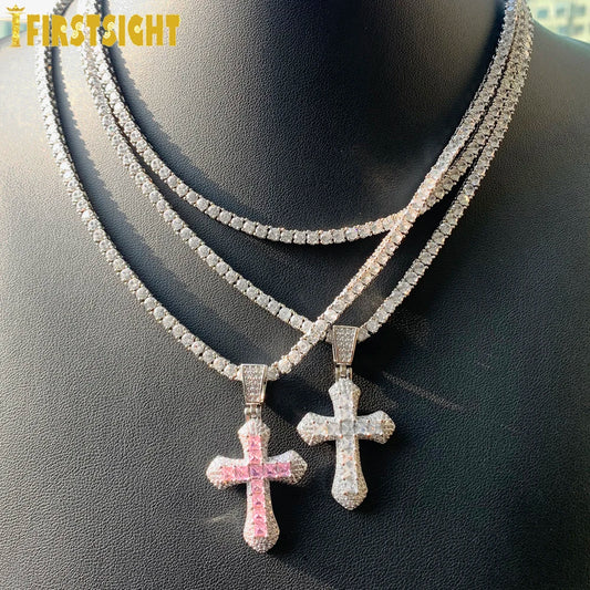 New Iced Out Bling Cross Pendant Necklace Silver Color Rectangle CZ Cubic Zirconia Blue Pink Charm Hip Hop Men Jewelry