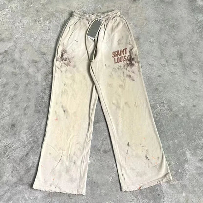 High Street Men Women Hip Hop Best Pants Vintage SAINT LOUIS Drawstring Destruction Splattered Ink Letters Print Sweatpants