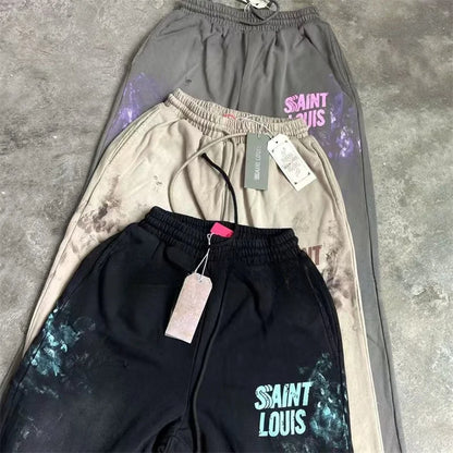 High Street Men Women Hip Hop Best Pants Vintage SAINT LOUIS Drawstring Destruction Splattered Ink Letters Print Sweatpants