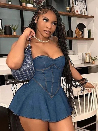 Fake Denim Strapless Sexy Dress Women Summer Trend Skinny Hipster Fashion Concert Birthday Party Clubwear  Bodycon
