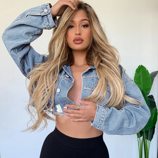 Distressed Denim Jacket Ripped Hole Single Breasted Cardigan Coats Long Sleeve Turn Down Collar Jacket Slim Fit High Street