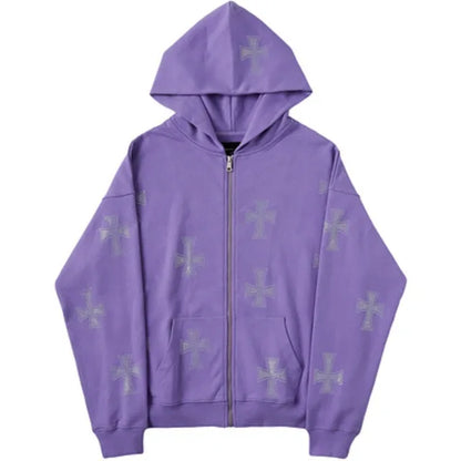 European and American loose top cross hot diamond hoodie women's high street  retro hip hop zipper Y2K hooded sweatshirt