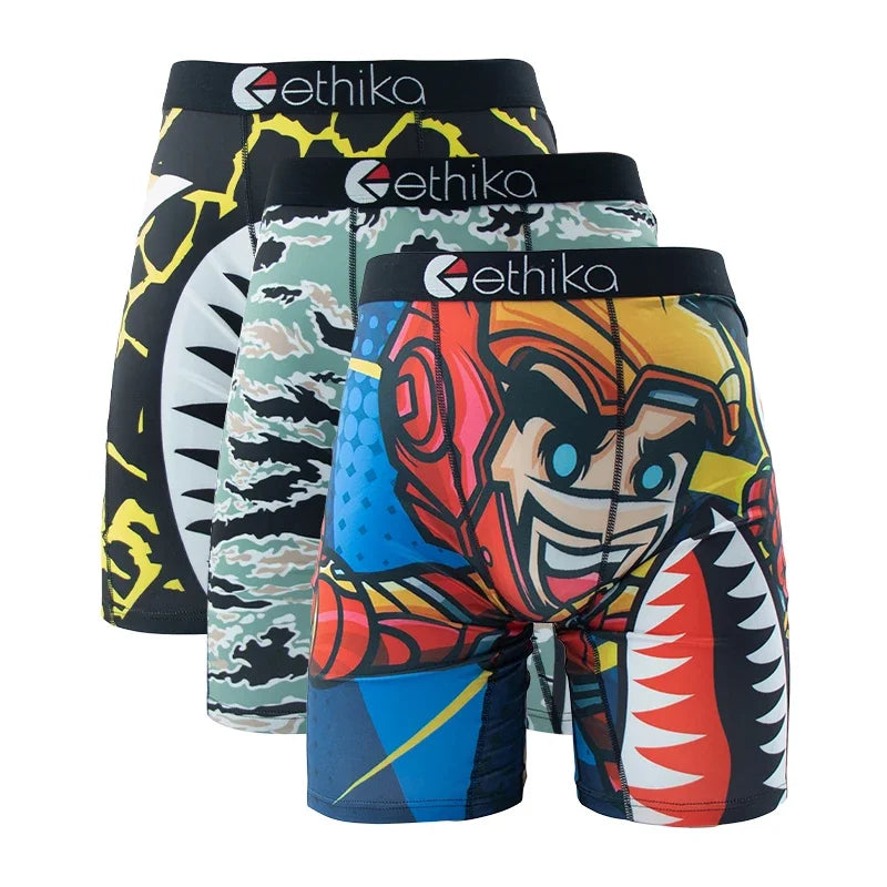 3Pcs ETHIKA Sexy Men Underwear Boxers Fashion Shark Print Underpants Breathable Panties Lingeries Plus Size Boxer Briefs Trunks