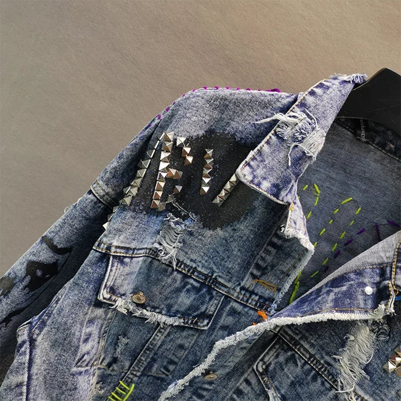 Women Diamonds Beaded Letters Graffiti Denim Coat Holes Rivets Tassels Jeans Bomber Jacket Casual Eyelet Cowboy Cardigan Jaqueta