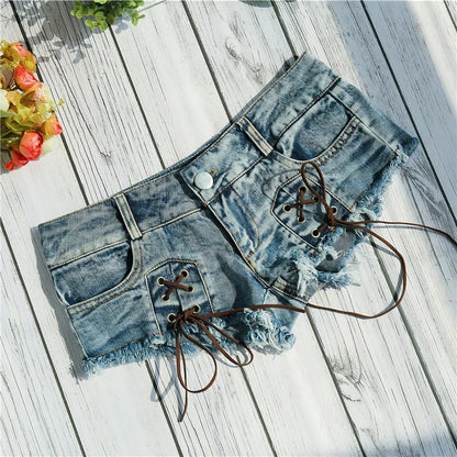 Women's Shorts Sexy Hole Rivet Low Waist Thong Denim Ultra Mini Short Female Bikini Jeans Feminino Nightclub