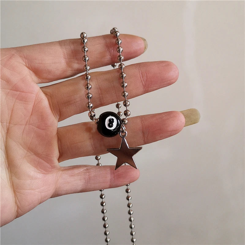 Kpop Vintage Punk Silver Color Star Pendant Bead Necklace for Men Women Street Hip Hop Aesthetic Grunge Jewelry Y2K Accessories