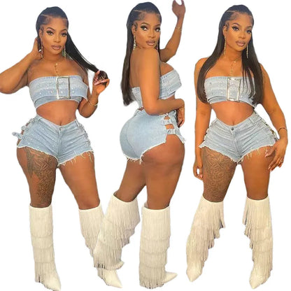 Streetwear Jeans Shorts Outfit Set Sexy Women Elegant Two Pieces Denim Club Matching Set Top+Shorts