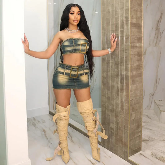 FAGADOER Fashion Retro Distress Y2K Denim Streetwear Women Sleeveless Backless Tube And Belt Mini Skirts Cowboy Two Piece Sets