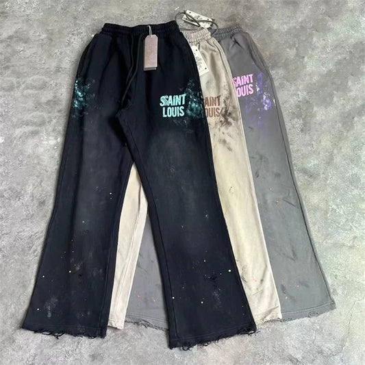 High Street Men Women Hip Hop Best Pants Vintage SAINT LOUIS Drawstring Destruction Splattered Ink Letters Print Sweatpants