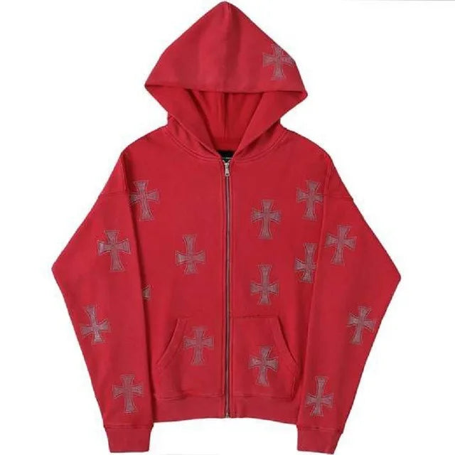 European and American loose top cross hot diamond hoodie women's high street  retro hip hop zipper Y2K hooded sweatshirt