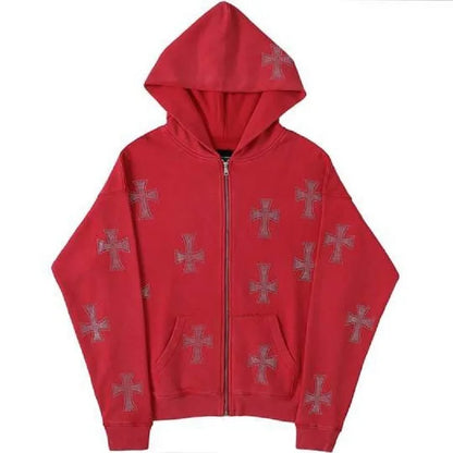 European and American loose top cross hot diamond hoodie women's high street  retro hip hop zipper Y2K hooded sweatshirt