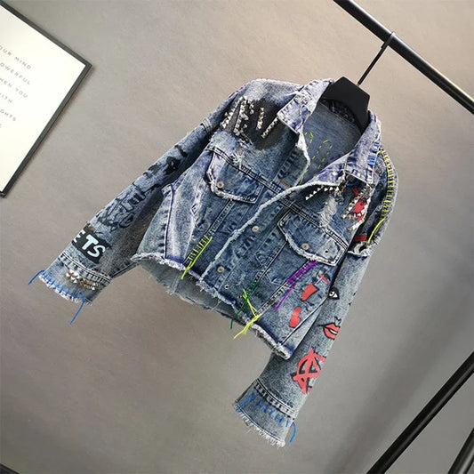 Women Diamonds Beaded Letters Graffiti Denim Coat Holes Rivets Tassels Jeans Bomber Jacket Casual Eyelet Cowboy Cardigan Jaqueta